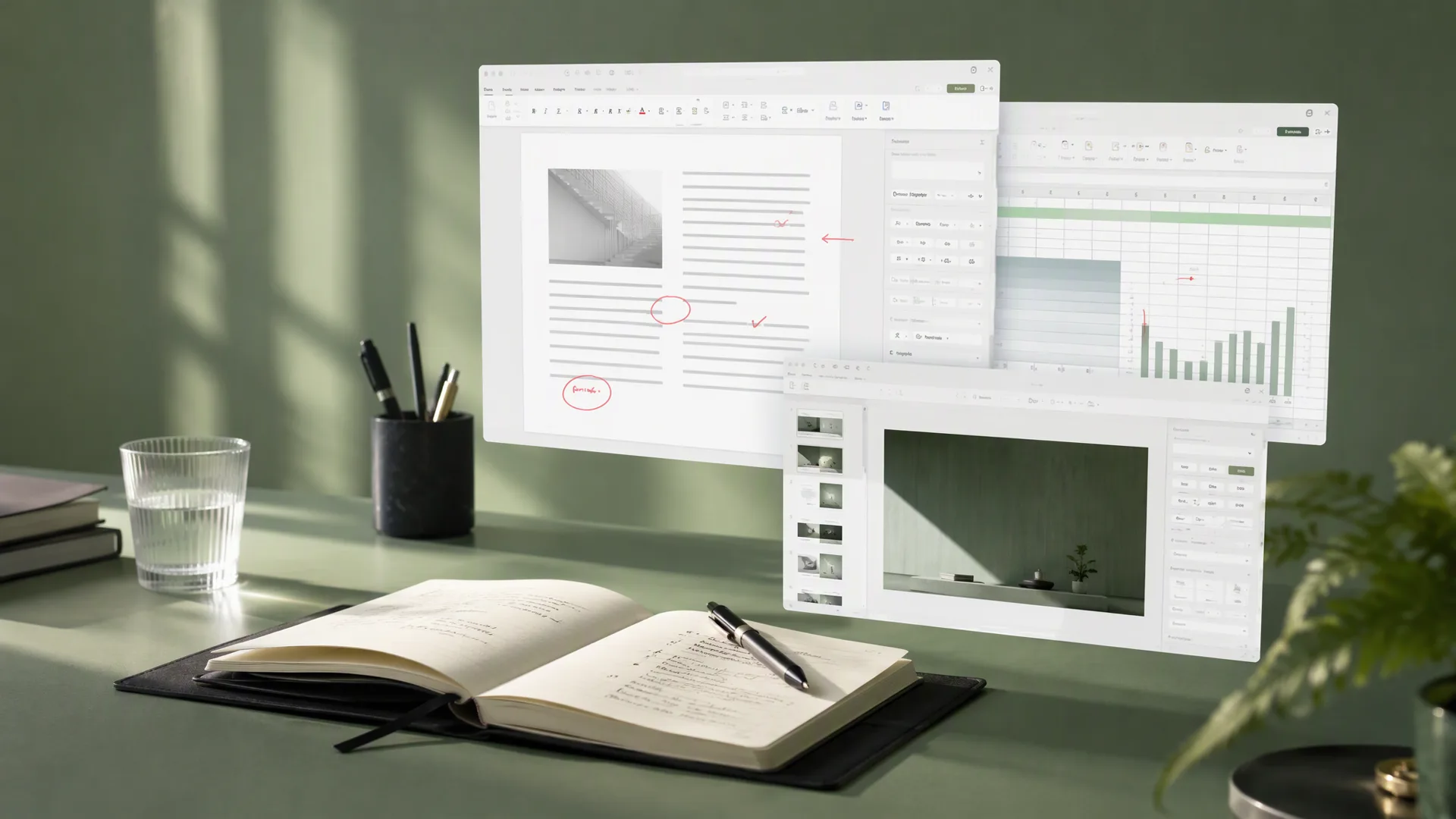 WPS Office 下载官网原创纸上工作台主视觉,展示文档、表格、演示与 PDF 界面