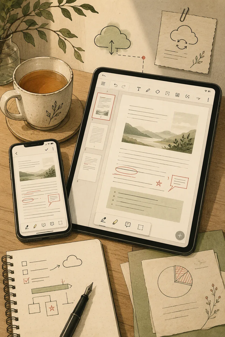 WPS Office 手机与平板移动办公场景,展示云端同步和文档批注
